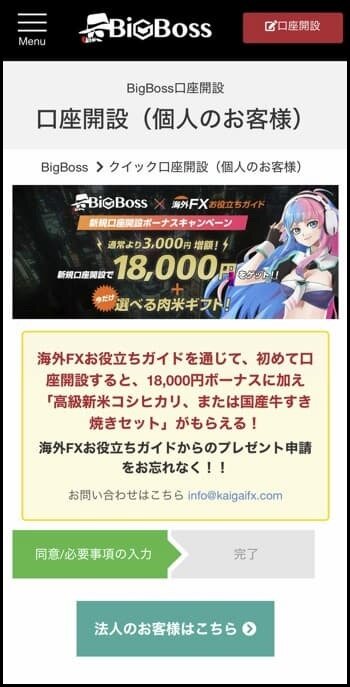 BigBoss口座開設フォームのキャプチャ
